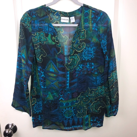 Chico’s V Neck Sheer Popover Blouse Blue Green S - Picture 2 of 13